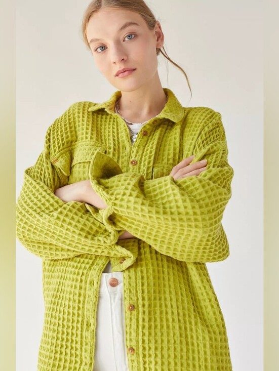 BDG Tops - BDG Stanley Waffle Knit Shacket Lime Green Oversized, S, Flawed, Distressing